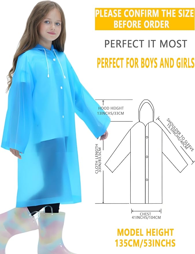 2 Pack Raincoats for Kids, Reusable Rain Ponchos with Hood and Sleeves Rain Coats for Boys and Girls
