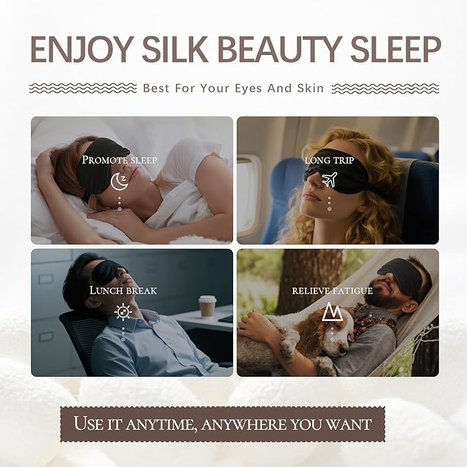 100% Mulberry Silk Sleep Mask as Your Ultimate Silk Eye Mask for Sleeping | Adjuster-Free 3D Contour for Petite Heads (21-23") | Zero Pressure Design | Yueerbao (Black)