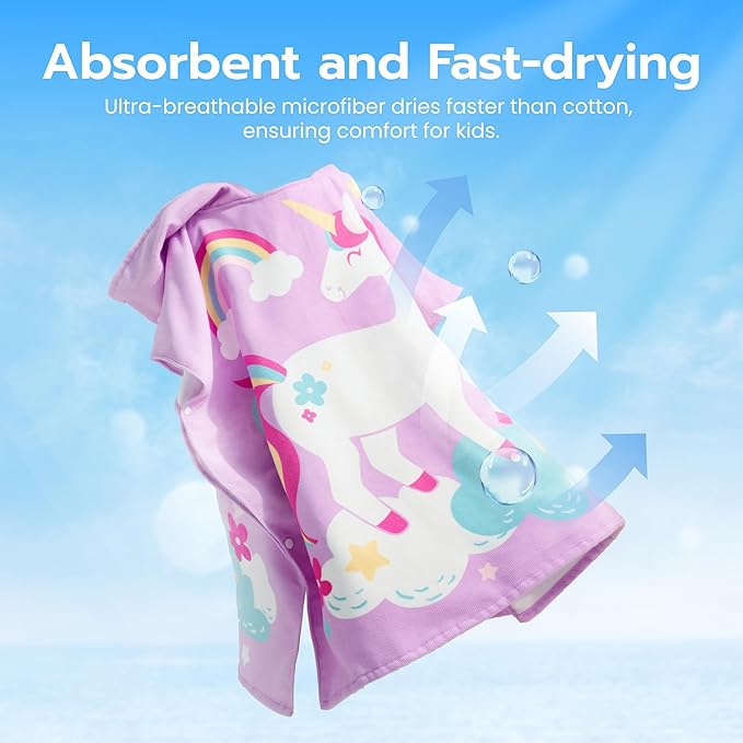 Joiedomi Kids Beach Towels with Hood for Girls Purple Unicorn Hooded Toddler Bath Towel Quick Dry Soft Microfiber 30"x30"