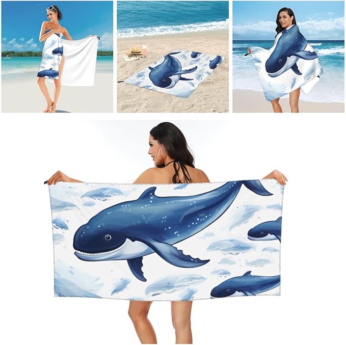 Beach Towel Sand Free Quick Dry Towel Microfiber Oversized Small Blue Whale Swimming Travel Towel 27.5"X55" Absorbent Bath Towel Compact Towel Blanket for Women Men Camping Swim Sports