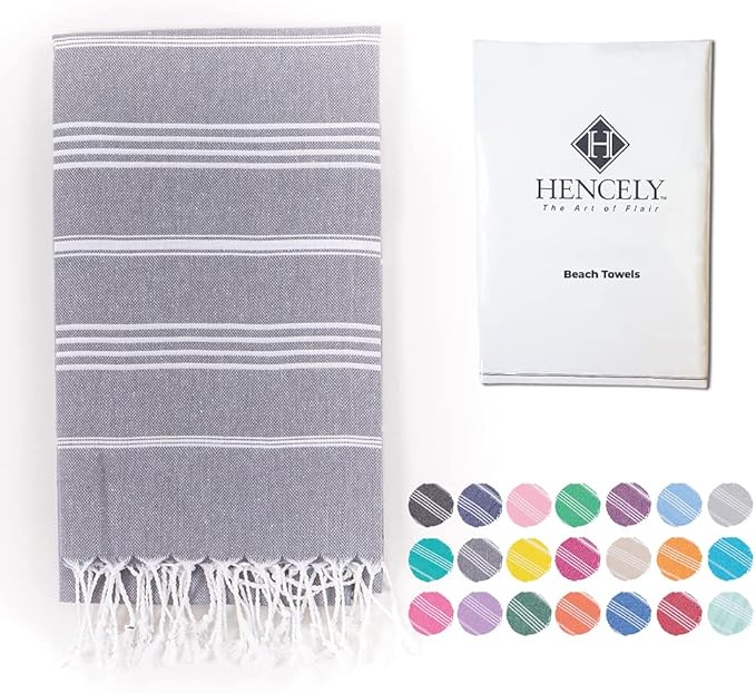 Hencely Turkish Beach Towel 37x68 Oversized, Sand-Free, Quick-Dry, Lightweight - Travel Essential for Pool & Bath - Striped 100% Cotton Bathroom Towels Accessories Gift (Gray)