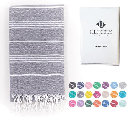 Hencely Turkish Beach Towel 37x68 Oversized, Sand-Free, Quick-Dry, Lightweight - Travel Essential for Pool & Bath - Striped 100% Cotton Bathroom Towels Accessories Gift (Gray)