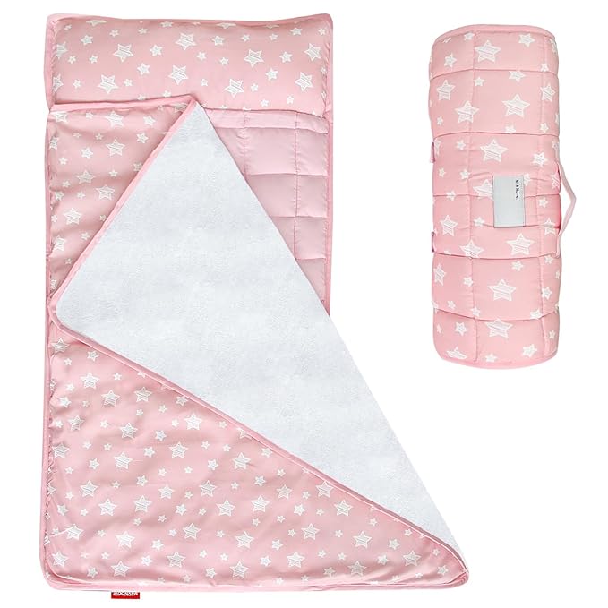 Moonsea Toddler Nap Mat Pink and Fleece Minky Blanket, Lightweight and Soft Perfect for Toddlers Preschool, Daycare, Travel Sleeping Bag for Girls, 21" x 50" Fit on a Standard Cot