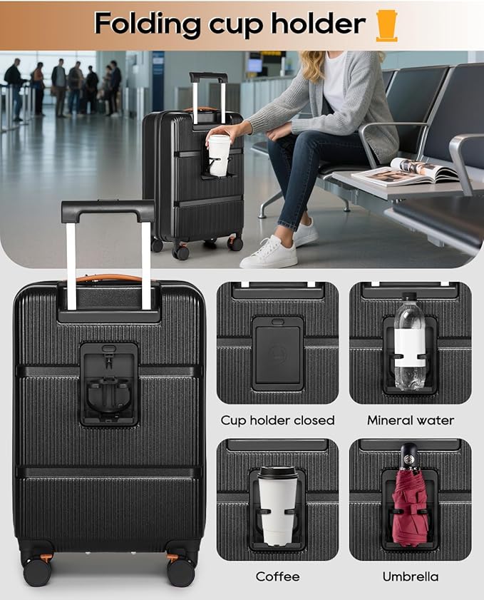 Joyway Carry on Luggage Airline Approved with Front Pocket, Hard Shell 20 Inch Travel Luggages with Cup Holder, Carry-on Suitcase with Spinner Wheels for Men and Women (Black, 3 Piece Set (20/bag))