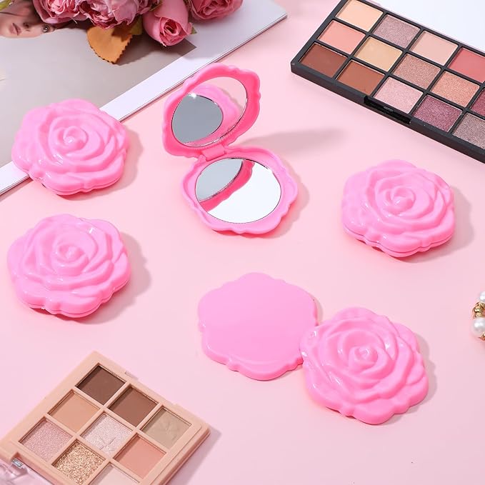 30 Pcs Pink Compact Mirror Bulk Plastic Portable Foldable Rose Flower Shaped Makeup Mirror Handheld Pocket for Women Girls Bridesmaids Travel Wedding Tea Party