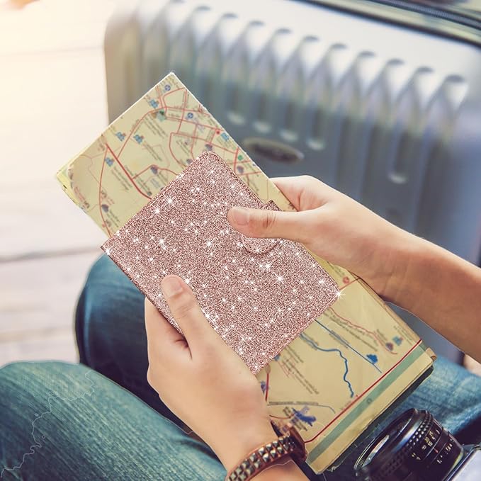 HOTCOOL Passport Holder Travel Essentials Airplane & Cruise Essentials Ship Leather Wallet Cover Case RFID Blocking Women & Men Vacation Travel Accessories Gifts Deals, Glitter - Rose Gold