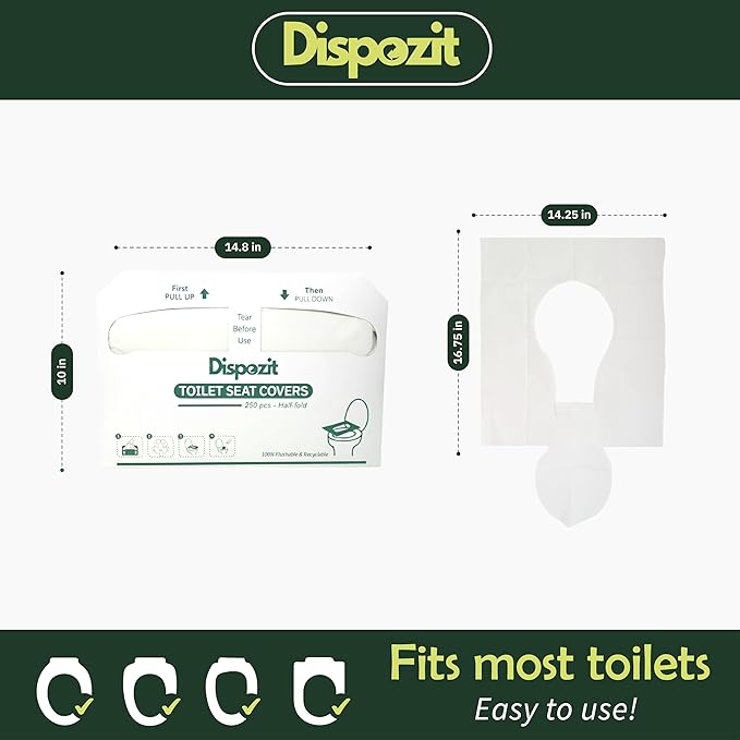 1250 Pcs Disposable Flushable Toilet Seat Covers (5 Packs of 250 Pcs) | 100% Biodegradable Commercial Toilet Seat Covers | Half-Fold Wall Dispenser Compatible | DISPOZIT Safe Liners