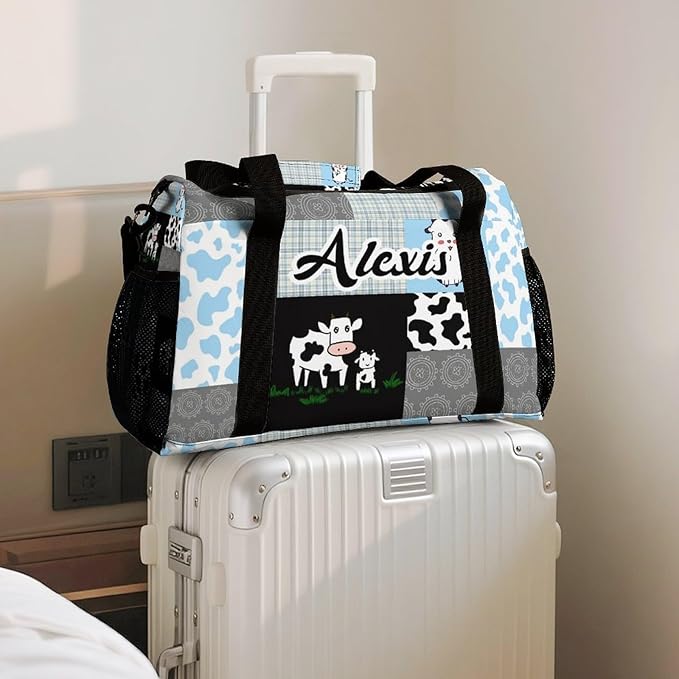Plaid Patchwork Cow Blue Gray Crossbody Bag Waterproof Lightweight Duffel Bag Gym Dance Sport Perform Training Bag for Teens Women Men
