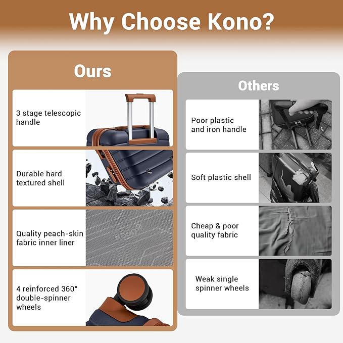 Kono Expandable Carry On Luggage 22x14x9 Airline Approved with Spinner Wheels, 20 Inch Durable PC+ABS Hardshell Travel Suitcase Rolling Luggage with Lock, Navy/Brown