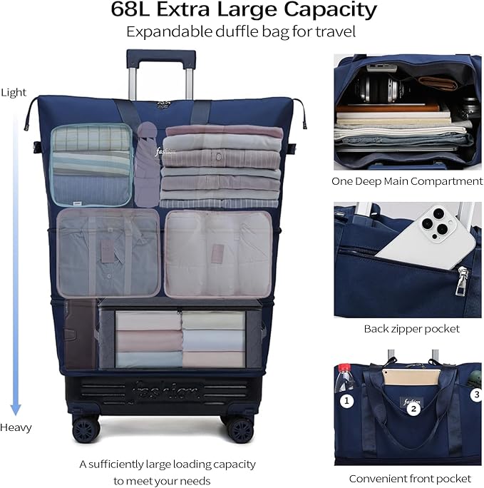 Rolling Duffle Bag with Wheels and Handle, Expandable Foldable Travel Bag - Wheeled Carry On Luggage, Collapsible Suitcase for Weekend Trips, Gym, Large Capacity & Waterproof (Blue)