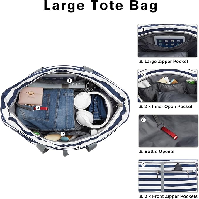 G4Free Large Beach Bag, Foldable Tote with Zipper, Waterproof Sandproof Pool Bag
