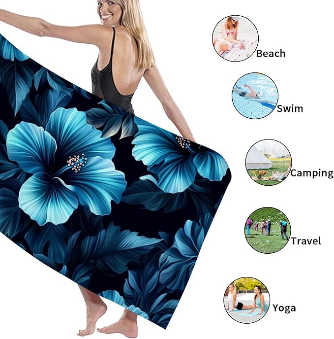 Tropical Floral Microfiber Beach Towel Blue Hibiscus Patterns, Quick Dry Absorbent Soft Sand Free Lightweight Beach Blanket, Vacation Picnic Pool Gym Essentials 62x31 Inch