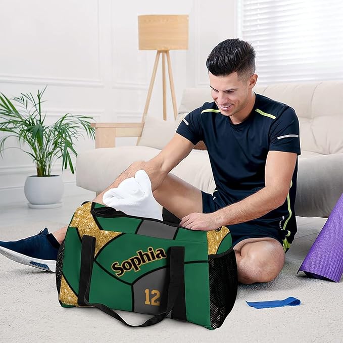 Custom Gold Green Volleyball Duffel Bag with Name Personalized Travel Bags Sport Gym Bag Carry On Weekender Bags for Men Women