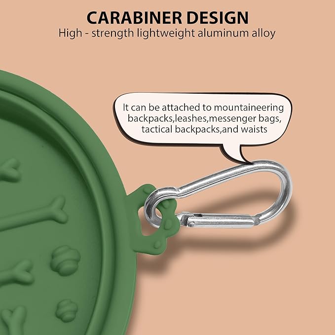 2-Pack Collapsible Dog Bowls with Suction Cups & Scraper - 16oz Travel Pet Bowls for Food/Water, Non-Slip Feeding Dish for Dogs, Includes Carabiner Clip Grey&Olive Green