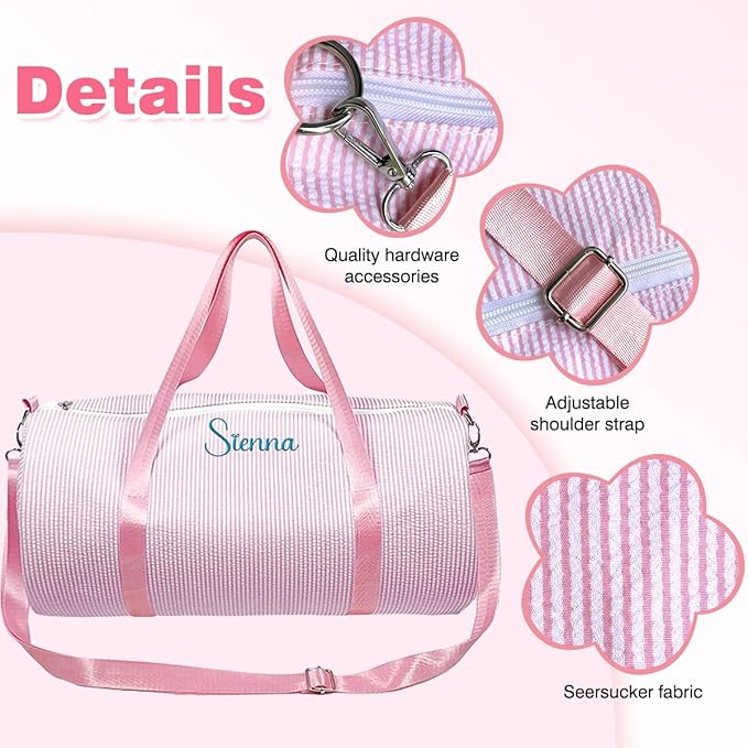 Personalized Seersucker Duffle Bag for Girls, Custom Dance Bag with Embroidered Name,Overnight Bag Ballet Gym Weekender Travel Bag