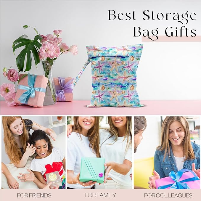 Wet Bag for Swimsuit, Beach Travel Essentials Wet Dry Bag, for Sunscreen Toiletry Dirty Clothes Yoga Gym Diaper, Friends Summer Beach Vacation Gifts. Starfish shells