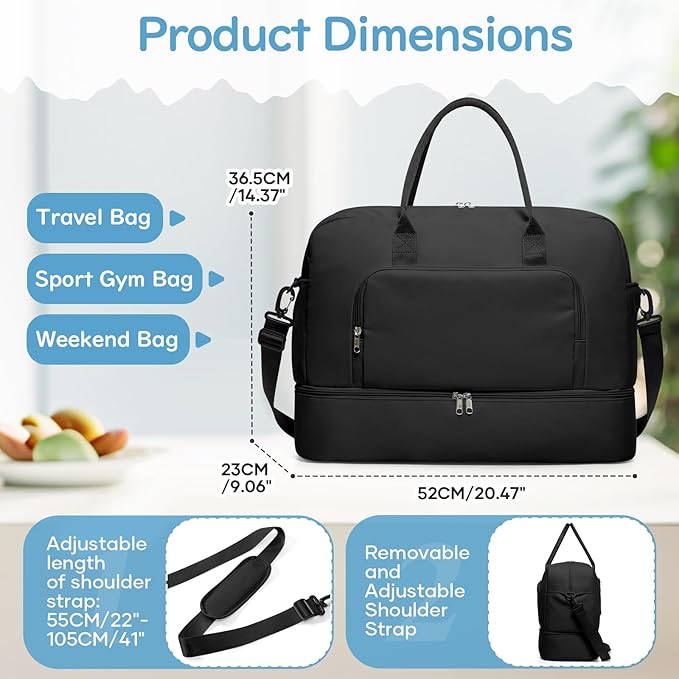 Travel Duffle Bag,Weekender Bags for Women with Shoe Compartment Personal Item Travel Bag Carry on Overnight Bags For Airplanes Gym Duffel Bag with Wet Pocket Hospital Bag for Labor and Delivery Black
