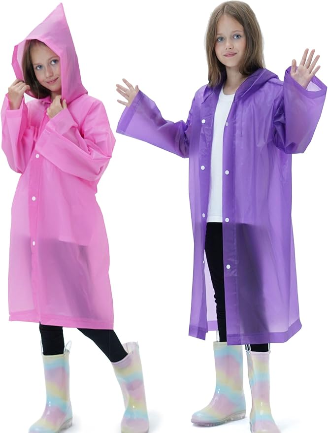 2 Pack Raincoats for Kids, Reusable Rain Ponchos with Hood and Sleeves Rain Coats for Boys and Girls