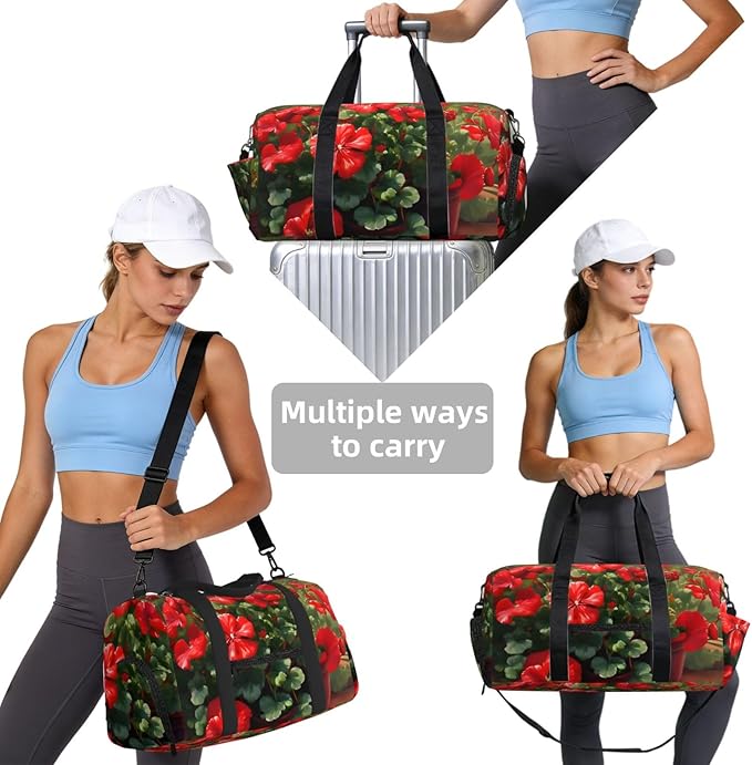 Red geraniums Print Gym Bag with Shoe Compartment for Women Men, 17.7in Sports Duffle Weekender Tote, Overnight Travel Duffel Bag Carry On