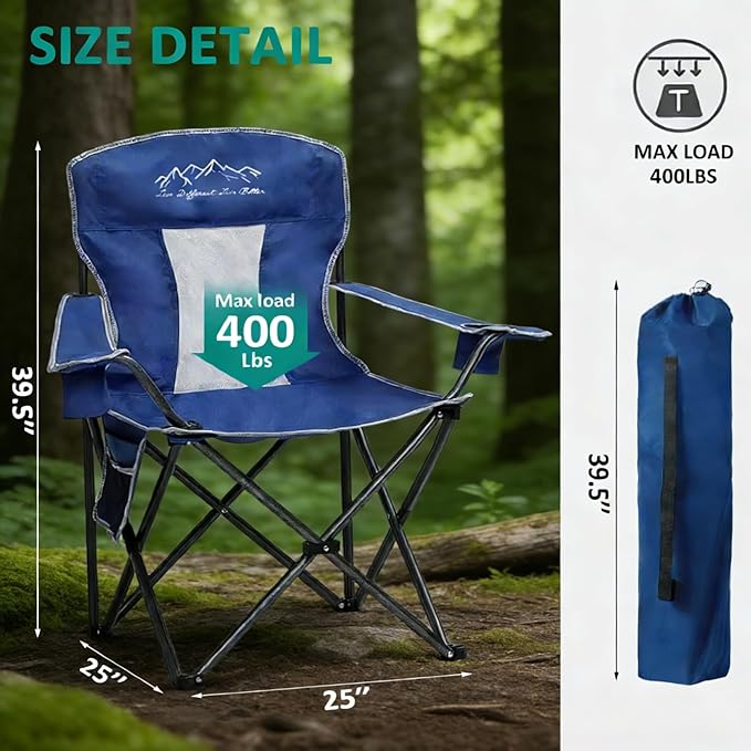 Camping Chairs for Adults Heavy Duty 400lbs Capacity, 2 Pack Folding Chair with Large Anti-Sink Feet & Cup Holder, Extra Wide Portable Outdoor Chair for Camping, Beach, Lawn, Fishing, Blue