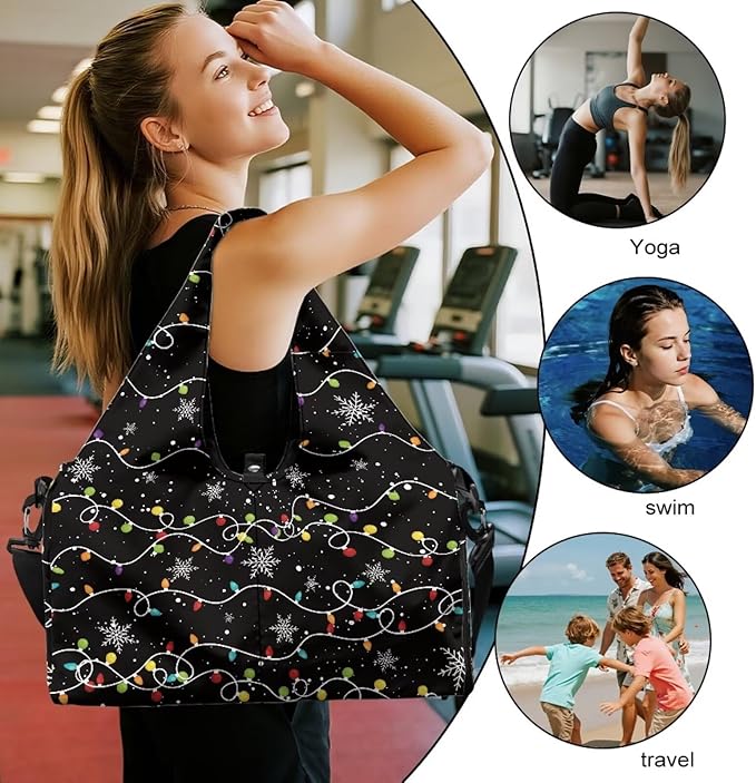 Christmas Lights Snowflake Women's Fashion Gym Bag with Shoe Compartment Travel Duffel Bags for Beach Swim Personal Item Bags Men Women Overnight Weekender Christmas Bag