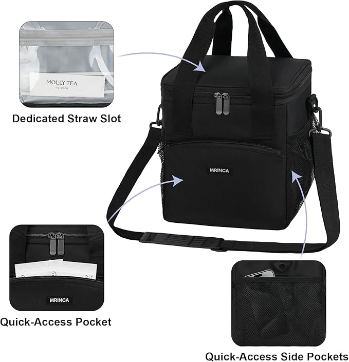 4 Cup Drink Carrier, Reusable Insulated Cup Holder Bag with Leakproof Zippered Lid & Adjustable Dividers, Portable Tote with Shoulder Strap for Delivery, Travel, Coffee