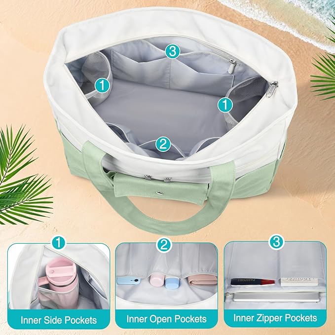 Beach Bags for Women Large Canvas Beach Tote with Zipper Wet Pocket, Waterproof Foldable Swim Pool Travel Tote Bags