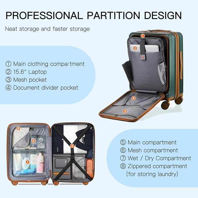 Carry On Luggage Airline Approved, 20 Inch Expandable PC Hardside Lightweight Suitcases with Spinner Wheels and TSA Lock (Dark Green, 20 Inch)
