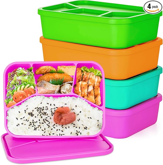 4 Pcs Silicone Bento Box Reusable Lunch Container Smooth Leak Proof Lunch Box Rectangle Bento Boxes for Adult Work Travel Food Meal Compartment Storage, 4 Colors (Brilliant Color)