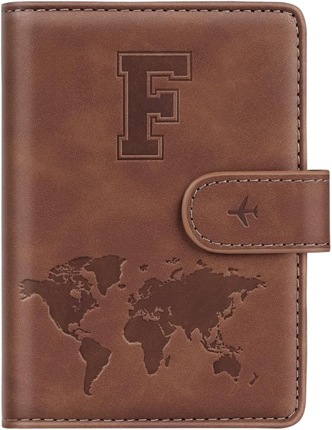Passport Holder Wallet Cover Personalized Letter A-Z Travel Wallet RFID Blocking Passport Cover Wallet Case for Travel Passport Book Holders for Women and Men, Brown-F