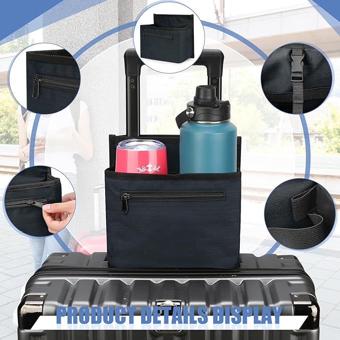 Luggage Travel Cup Holder Attachment for Suitcase Drink Carrier Caddy, Coffee Mug and Tumblers, Traveler Carry on Hands Free Accessory- Gifts for Flight Attendants Travelers Accessories- Navy
