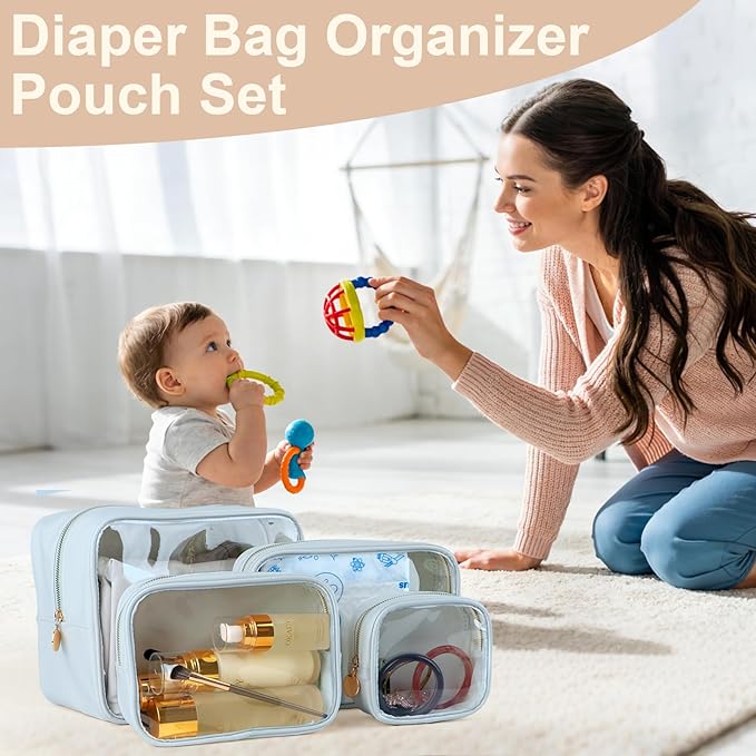 2PCS Clear Makeup Bag Set, Waterproof TPU Purse Organizer Pouches, TSA Approved Toiletry Bag, Diaper Bag Organizer Pouch, Travel Organizer Bags for Women and Kids