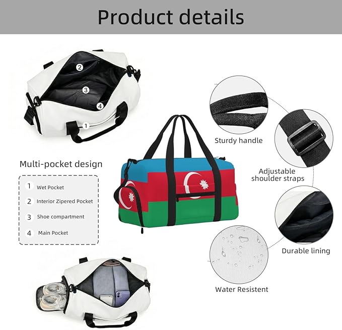 Flag of Azerbaijan Print Gym Bag with Shoe Compartment for Women Men, 17.7in Sports Duffle Weekender Tote, Overnight Travel Duffel Bag Carry On
