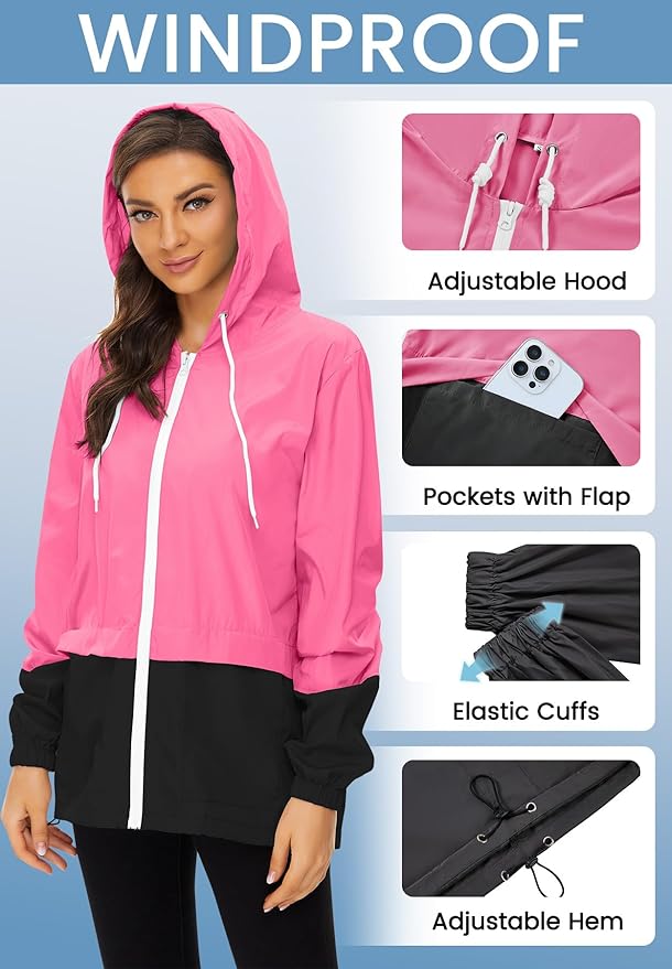 Zando Lightweight Rain Jacket Women Waterproof - Raincoat for Women Packable Rain coat Hooded Windbreaker for Travel Outdoor