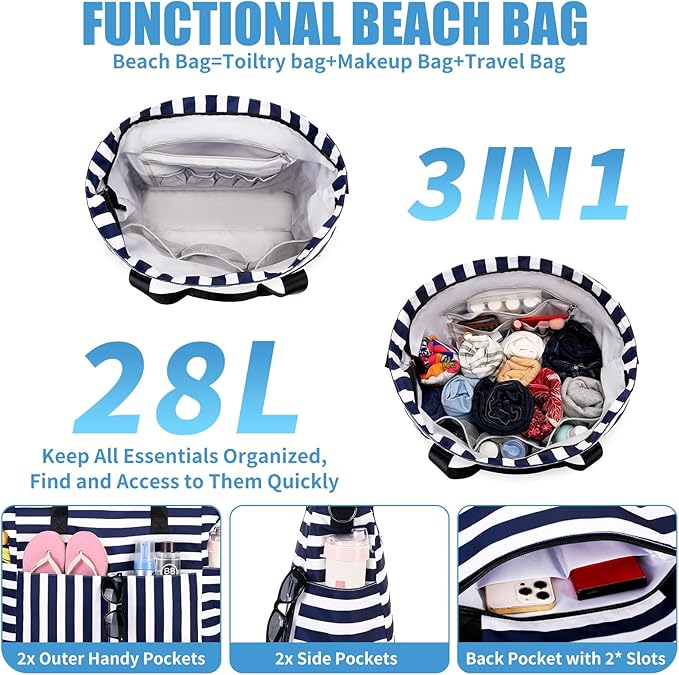 Beach Bags for Women, Large Waterproof Sandproof Swim Pool Bag with Dry Wet Seperated Pocket Utility Tote Bag