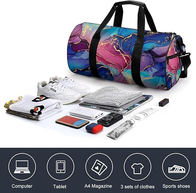 Durable Travel Gym Sports Bag Purple Blue Pink Marble Art Workout Lightweight Foldable Overnight Bag Training Workout Bags