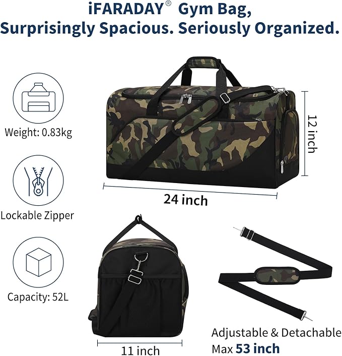 iFARADAY 52L Men's Gym Bag with Shoe Compartment - 24-inch Duffle Bag for Travel, Sports, Fitness & Workout (Camo)