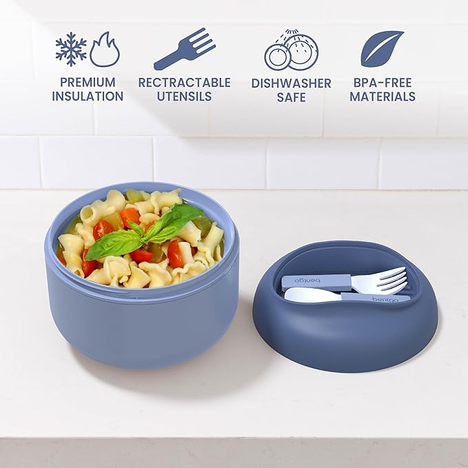 Bentgo Bowl - Insulated Leak-Resistant Bowl with Snack Compartment, Collapsible Utensils and Improved Easy-Grip Design for On-the-Go - Holds Soup, Rice, Cereal & More - BPA-Free, 21.2 oz (Slate)