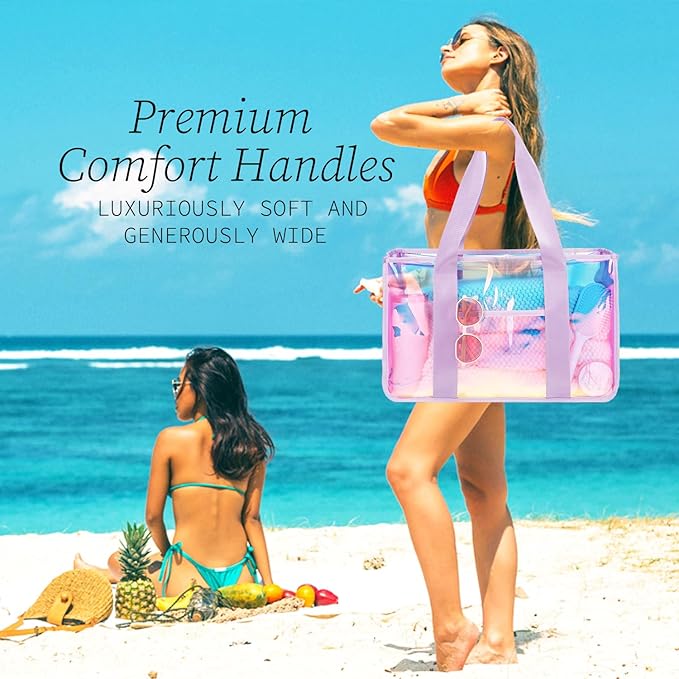Iridescent Clear Beach Bag for Women, Large Pool Tote Cruise Vacation Essentials - Waterproof, Zipper Closure