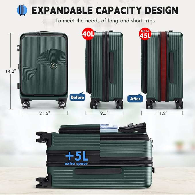 RAINSMORE Carry on Luggage 20 Inch Expandable, Airline Approved Carry on Suitcase Top Opening Hard Shell Rolling Travel Luggage with TSA Lock & Spinner Wheels, Green