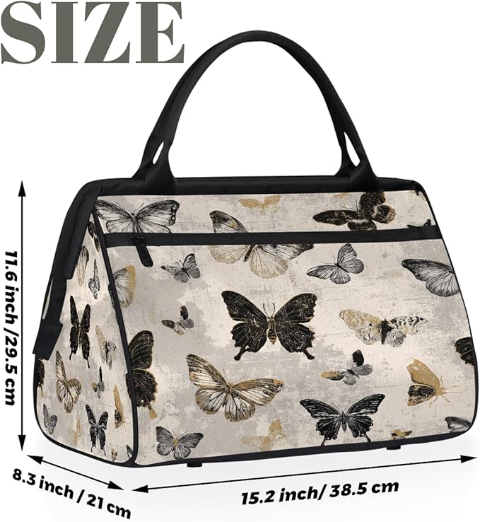 Vintage Gold Black Butterfly Overnight Weekender Bags for Women Men, Waterproof Travel Carry On Duffel Bag, Lightweight Sports Gym Bag for Fitness, Workout, Travel
