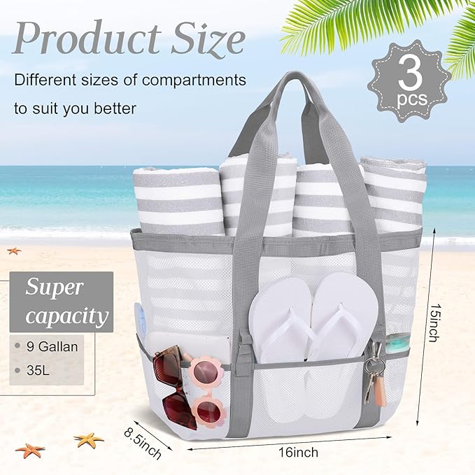 Hillban Large Beach Mesh Bags Bulk for Women Beach Tote Bag with 8 Pocket Zipper Waterproof Sandproof for Pool Cruise Ship