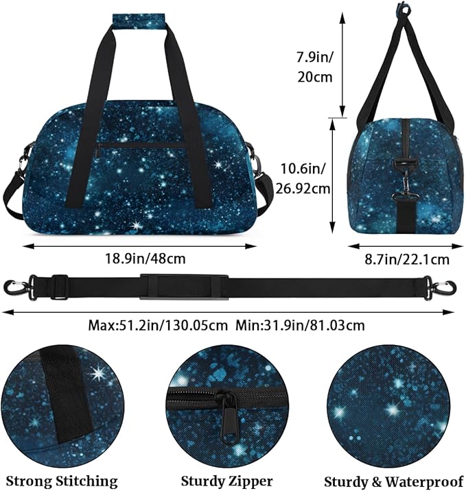 Magical Starry Night Gym Travel Duffle Bag for Women & Men with Front Zipper Pocket for Sports, Overnight, Weekender, Carry On,Workout & Dance Bag,Galaxy Stars,18.9 * 8.7 * 10.6 in