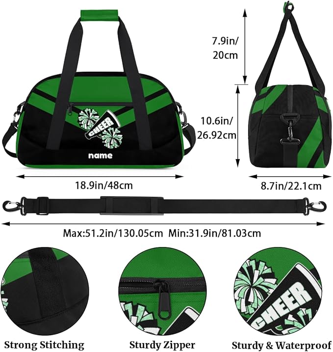 Custom Name Black Green Cheerleading Squad Gym Travel Duffle Bag with Front Zipper Pocket Personalizedfor Sports Bag for Overnight, Weekender, Carry On,Workout & Dance, 18.9 * 8.7 * 10.6 in