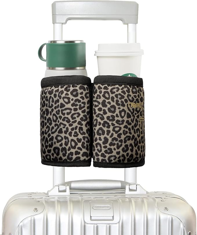 riemot Luggage Travel Cup Holder Free Hand Drink Carrier - Hold Two Coffee Mugs - Fits Roll on Suitcase Handles - Gifts for Flight Attendants Travelers Accessories Leopard