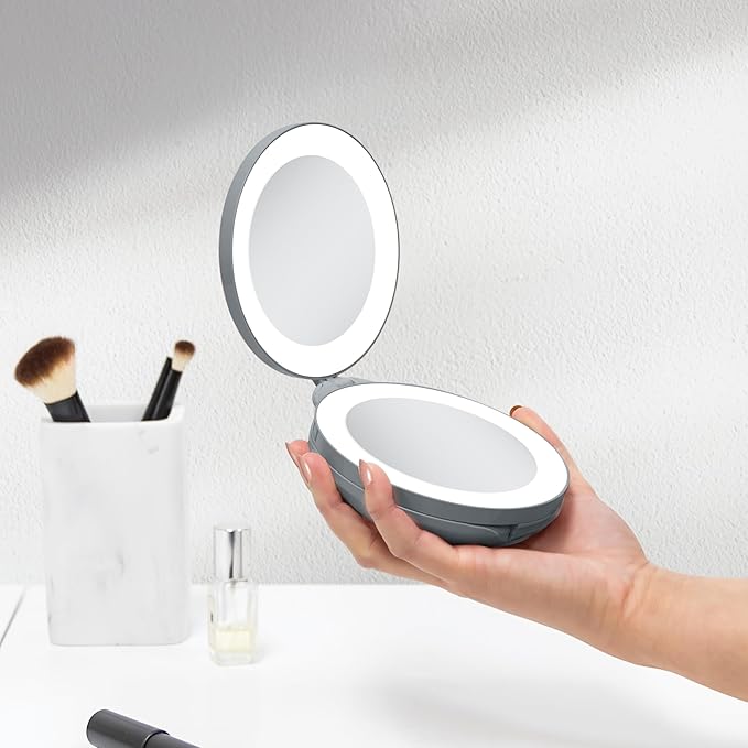 Zadro Compact Travel Makeup Mirror with Lights, 10X/1X Dual Magnification, LED Lighted Folding Design, Battery Operated Portable Mirror for Purse, Desk, or Travel Use (Shadow)