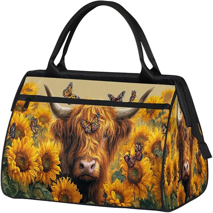 Sunflower Cow Butterfly Travel Duffel Bag, Waterproof Sports Gym Duffle Bag, Large Capacity Weekender Carry On Overnight Bags for Women Men