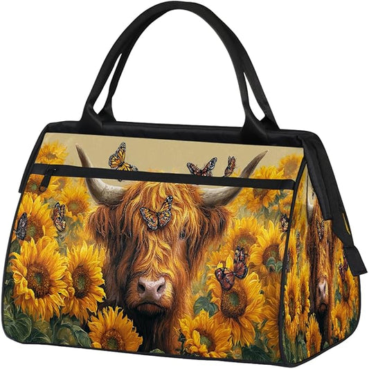 Sunflower Cow Butterfly Travel Duffel Bag, Waterproof Sports Gym Duffle Bag, Large Capacity Weekender Carry On Overnight Bags for Women Men