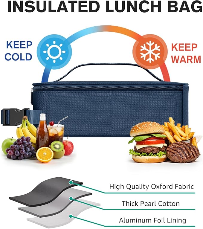 HowFly Small Lunch Bag - Insulated Lunch Box Bag for Women Men - Portable Thermal Reusable Meal Cooler Bags with Buckle Handle for Work School - Navy Blue