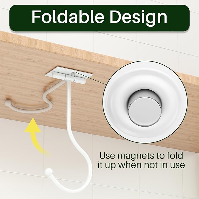 White Banana Hanger Hook Under Cabinet: Adhesive Banana Holder, Foldable with Magnets When Not in Use, Under Counter Banana Hook, Stainless, Hold 13 LB